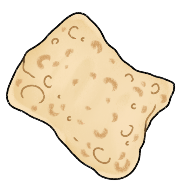 a roughly square shaped piece of pale, thin flatbread with various marks from cooking, pictured at an angle. 